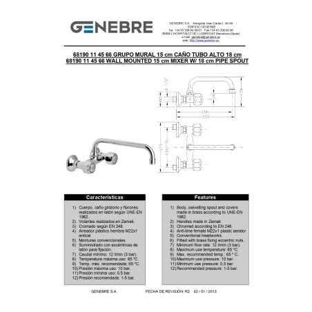 Grifo pared Caño 11 cm Tubo alto y largo 18 cm GENEBRE